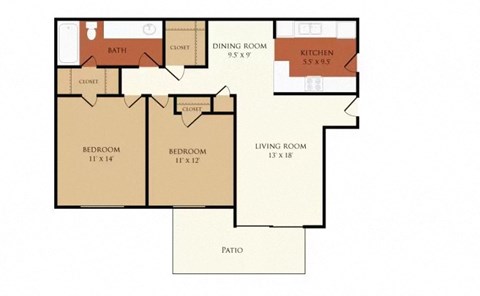 Floor plan for 2 beds, 1 bath, 950 sqft